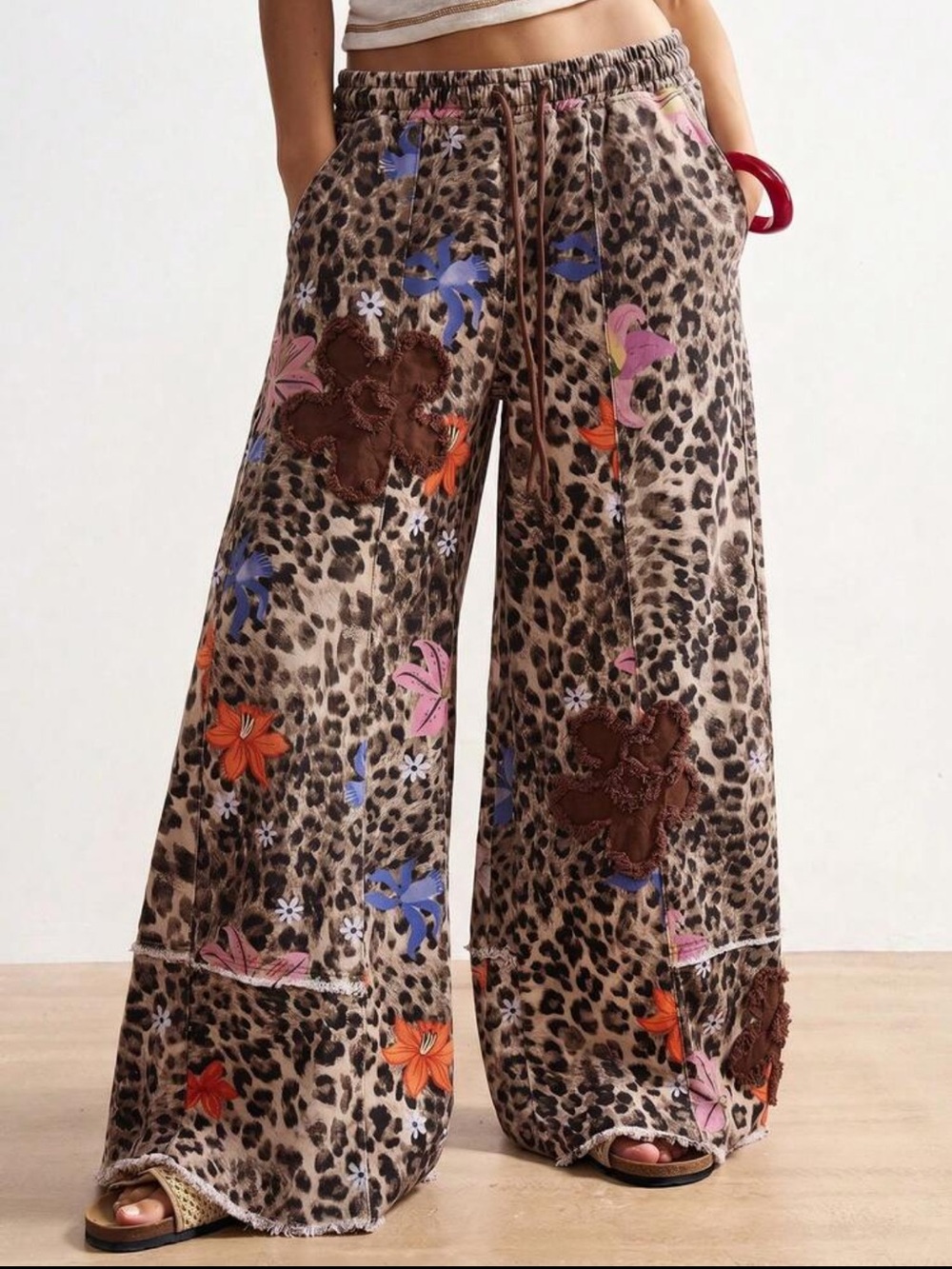 FW77-Animal Print Floral Patchwork Wide-Leg Elastic Pants
